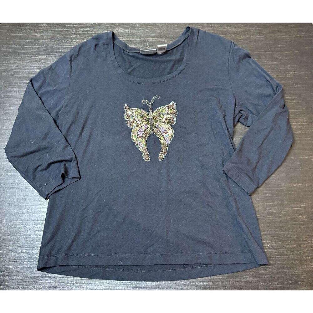 Chico’s Round Neck Butterfly Embroidered T-Shirt Size 2/US M Black